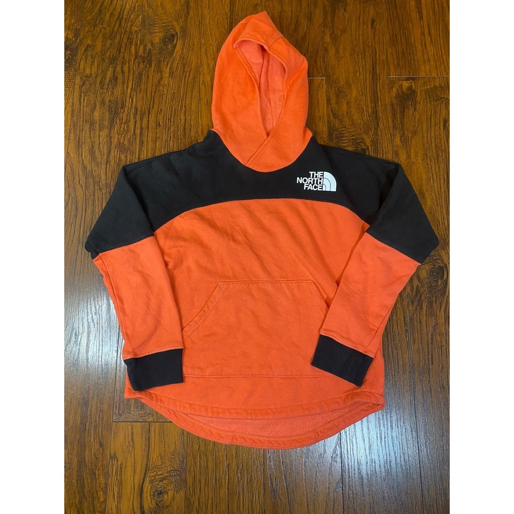 The North Face Girls Hoodie Orange Black Colorblock Fleece Pullover Large 14/16